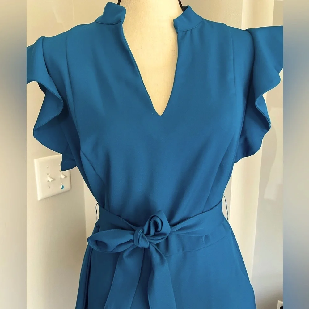 Women’s Blue Ruffle Sleeve Jumpsuit with Belt - Picture 2 of 6